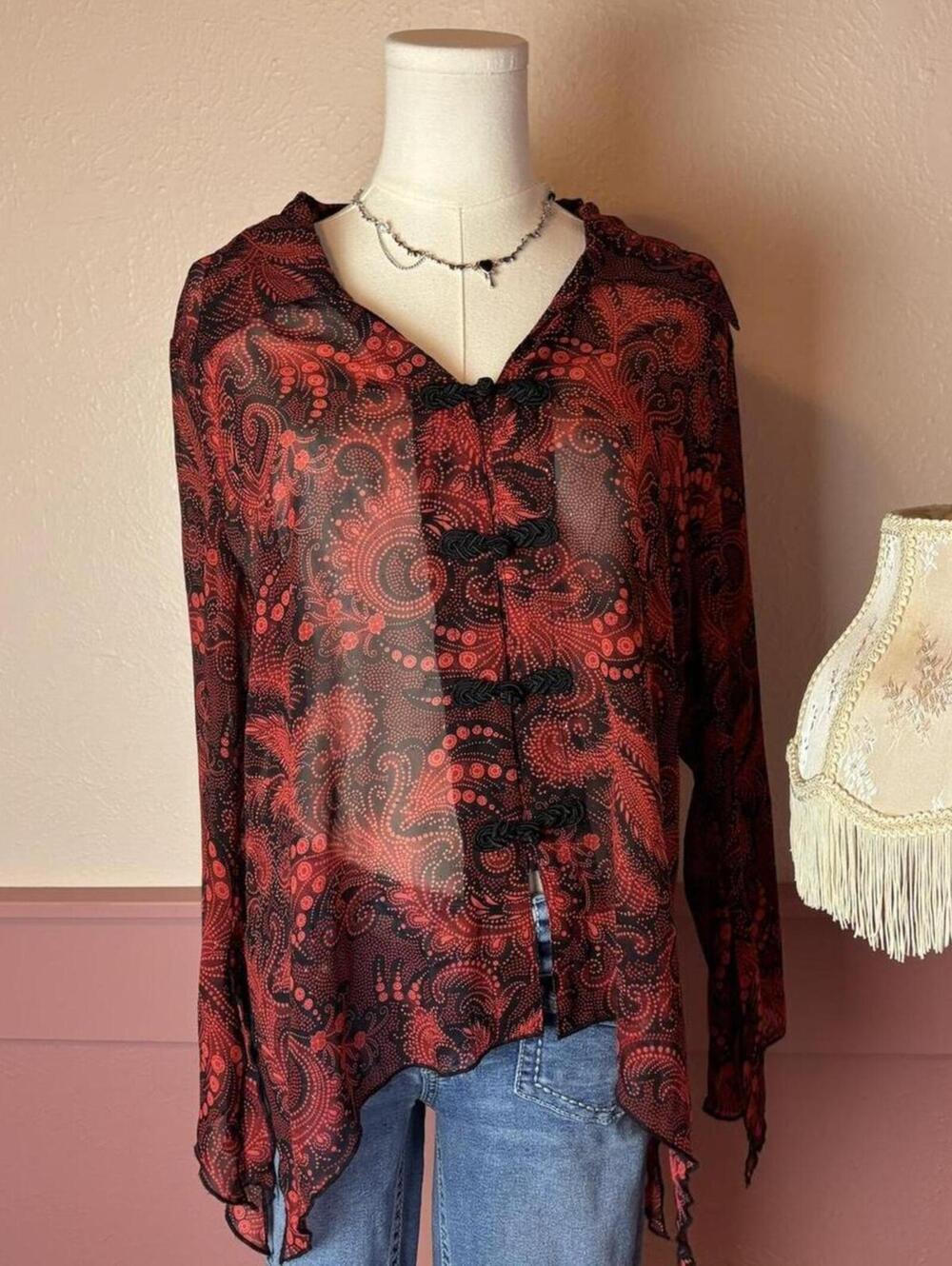 grunge fairy asymmetrical top whimsy frog tie cb red black sz xl paisley